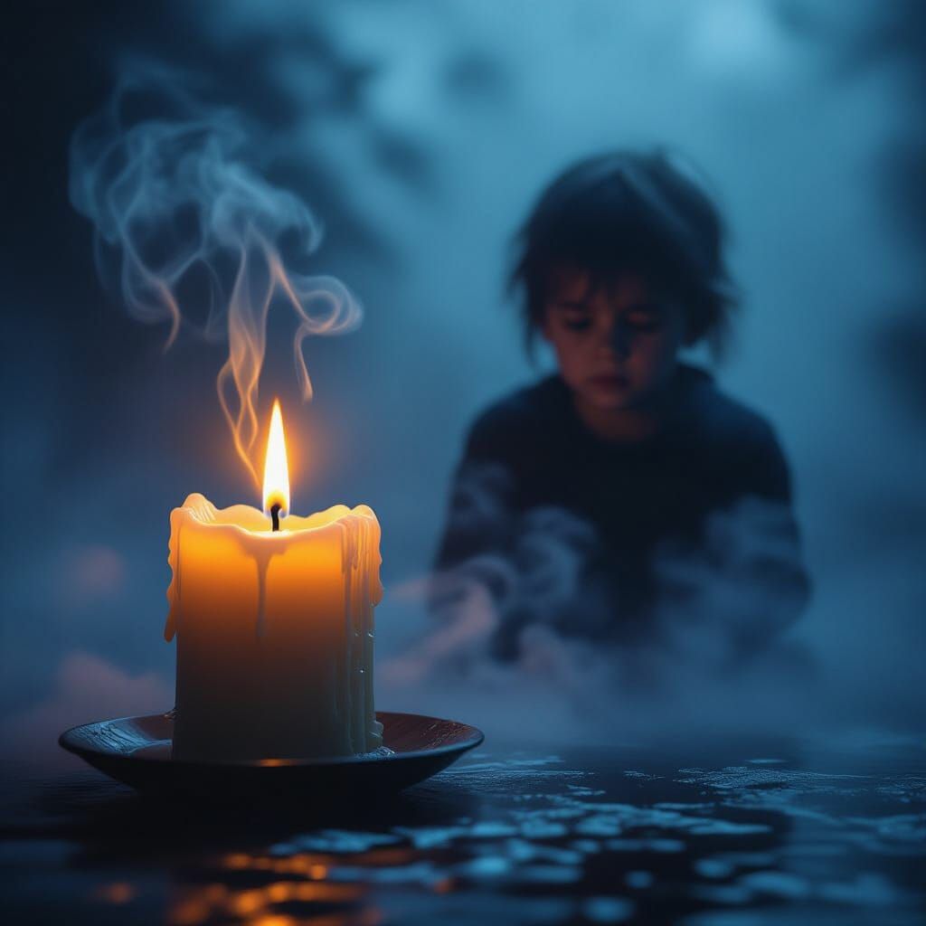 Burning Candle with Child in Fog, in Chiaroscuro Style