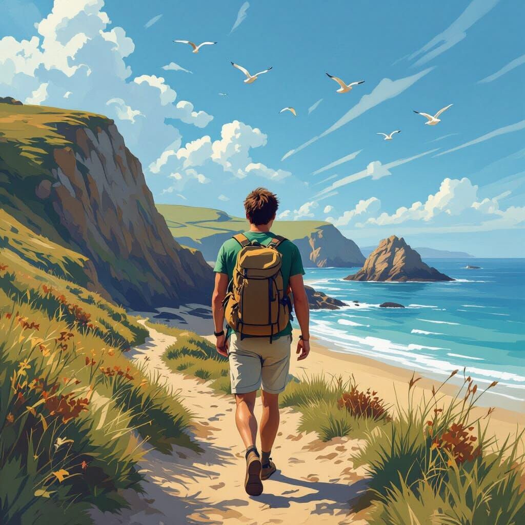 Coastal Hiker in Atmospheric Landscape