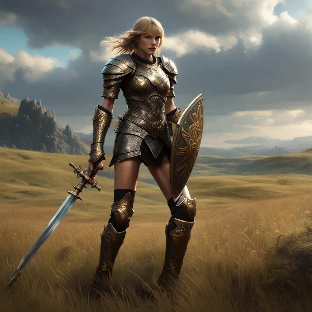 Armored Warrior in Grassy Field, Digital Art