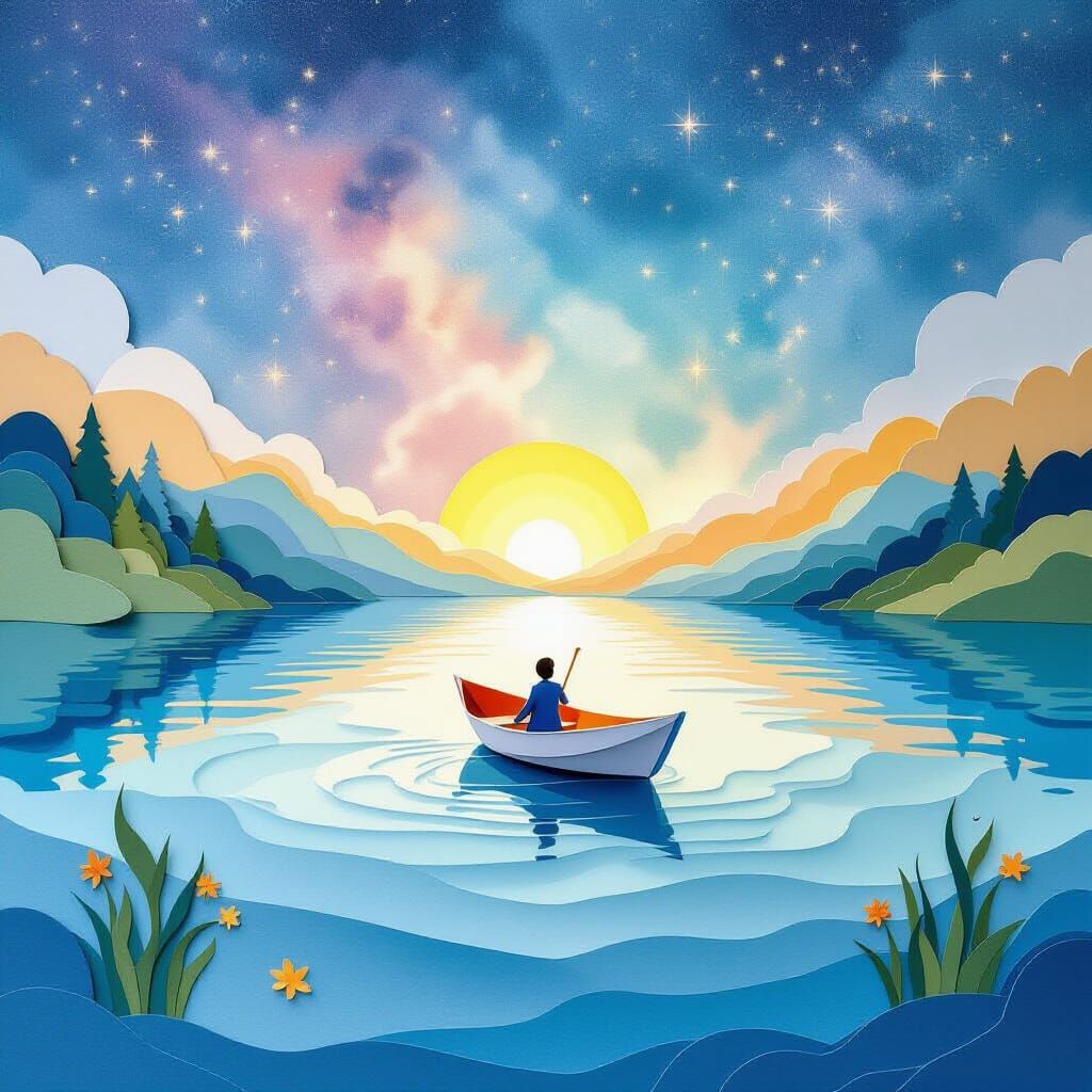 Serene Paper Art Lake Scene with Boat