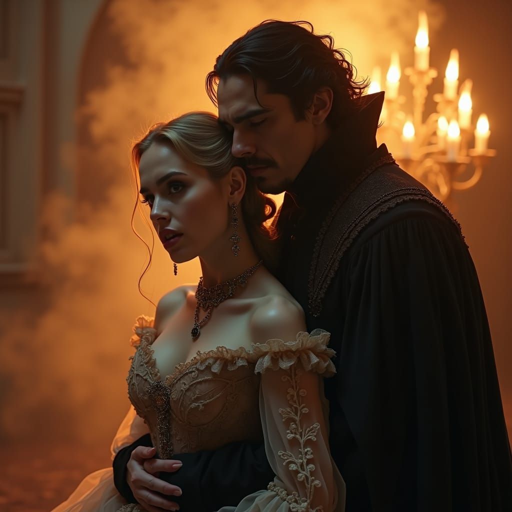 1girl,1man, Lucy Westenra, beautiful blonde, 19-years-old, Count Dracula, older man, Romanian, Brahm Stoker, embracing r...