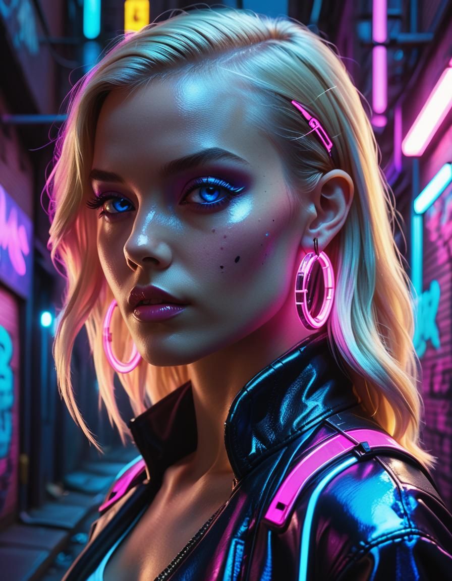 Cyberpunk Woman in Neon Alley: Hyperrealistic 3D Portrait