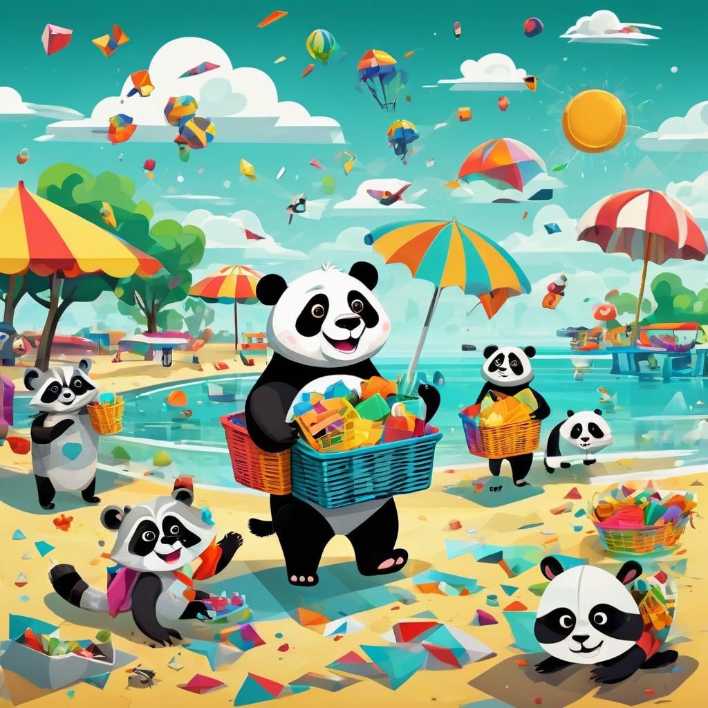 Cartoon Animals Cleaning Park in Geometric Pop Art Style