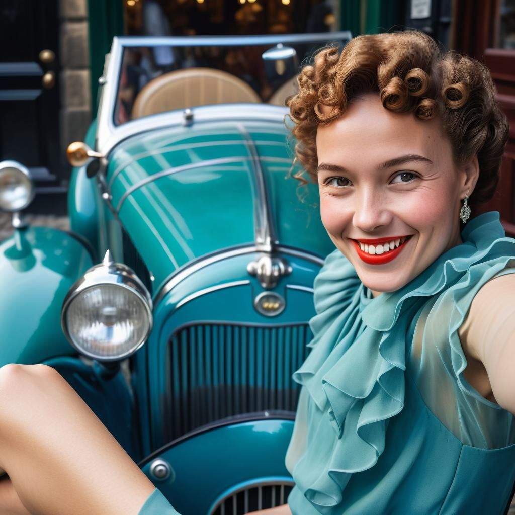 Elegant Woman Poses with Vintage Car in Art Deco Style