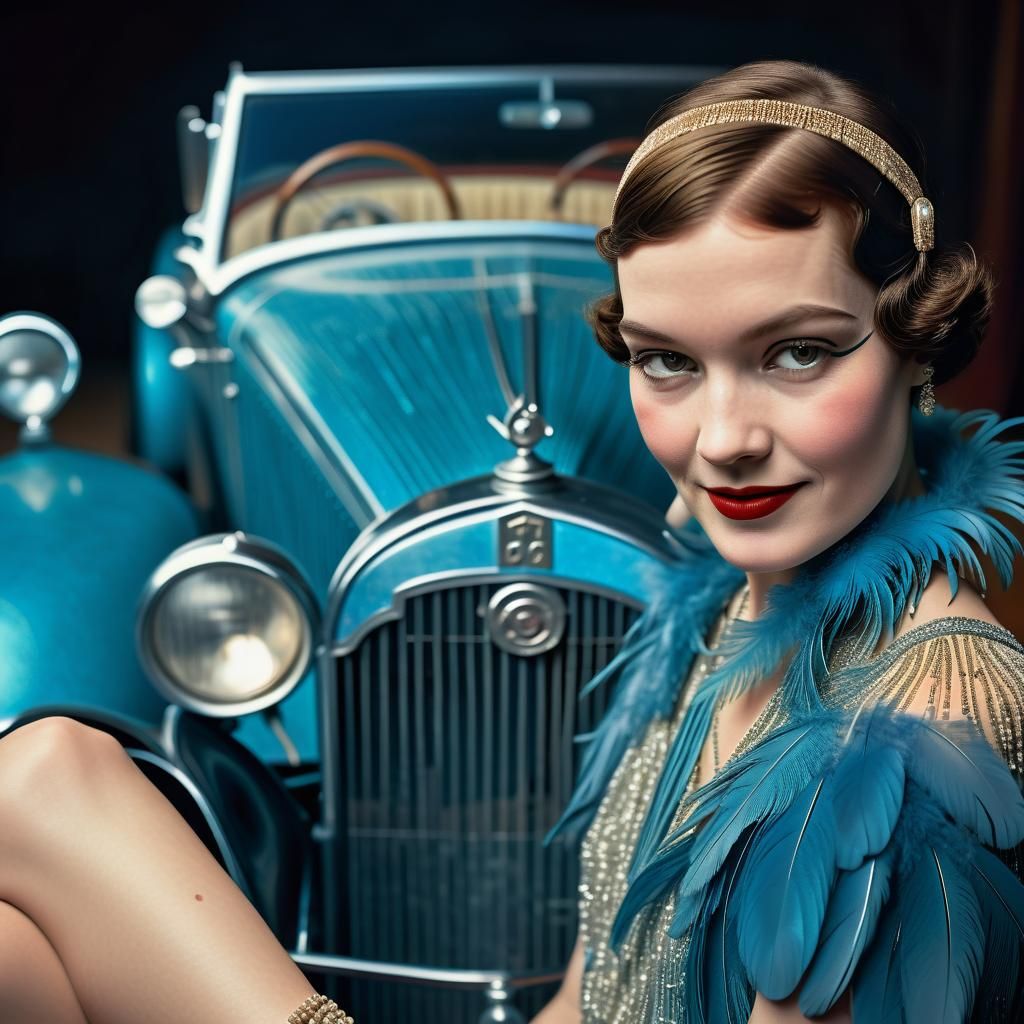 Flapper Girl in Art Deco Style Beside Vintage Roadster