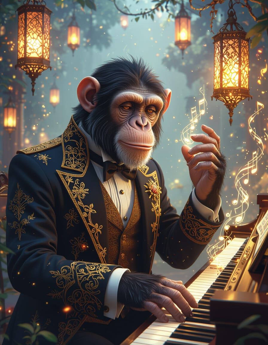 Dapper Chimp Plays Piano Under Floating Lanterns