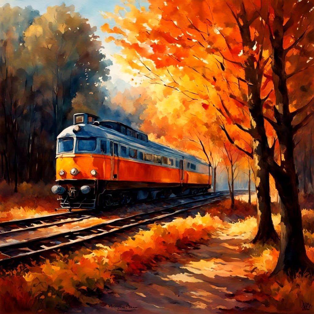 Train Engineer Drives Through Autumn Landscape