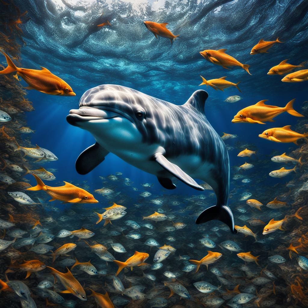 Mosaic Dolphin Underwater Surrounded by Fish