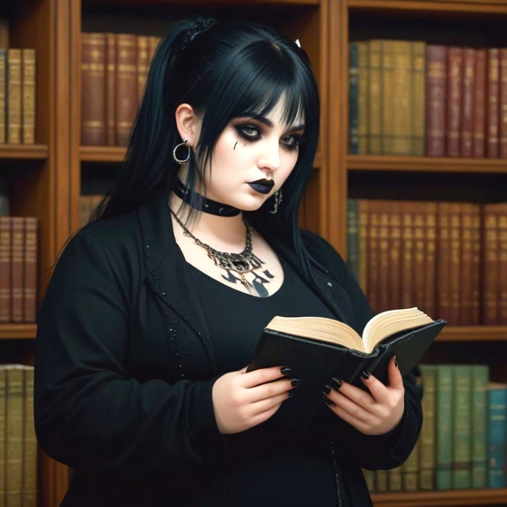 Chubby Goth Girl Reading in Library, Photorealistic Style
