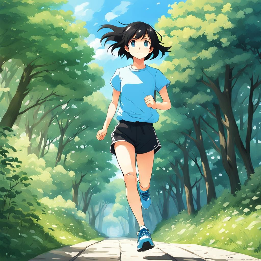 Anime Girl Jogging on Sidewalk with Forest Background