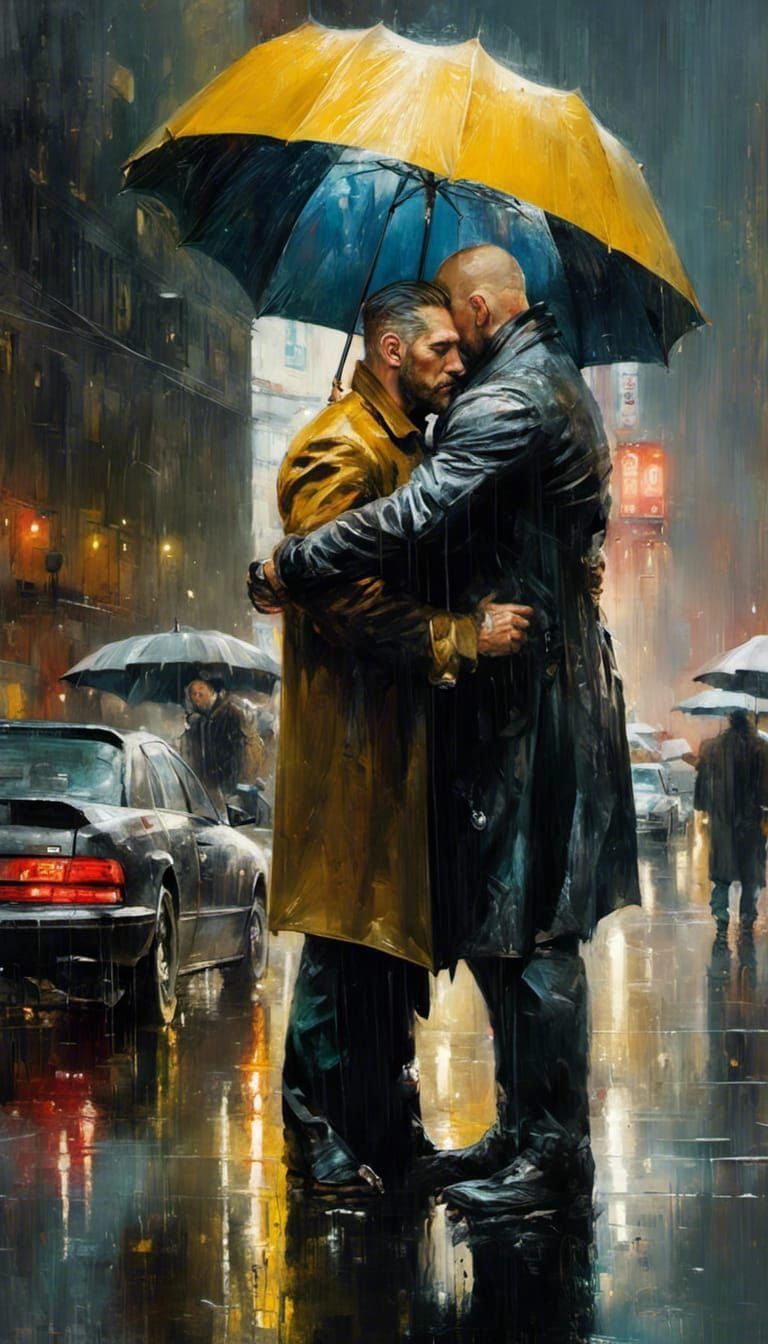 Two Men Share an Umbrella in Rainy Cityscape