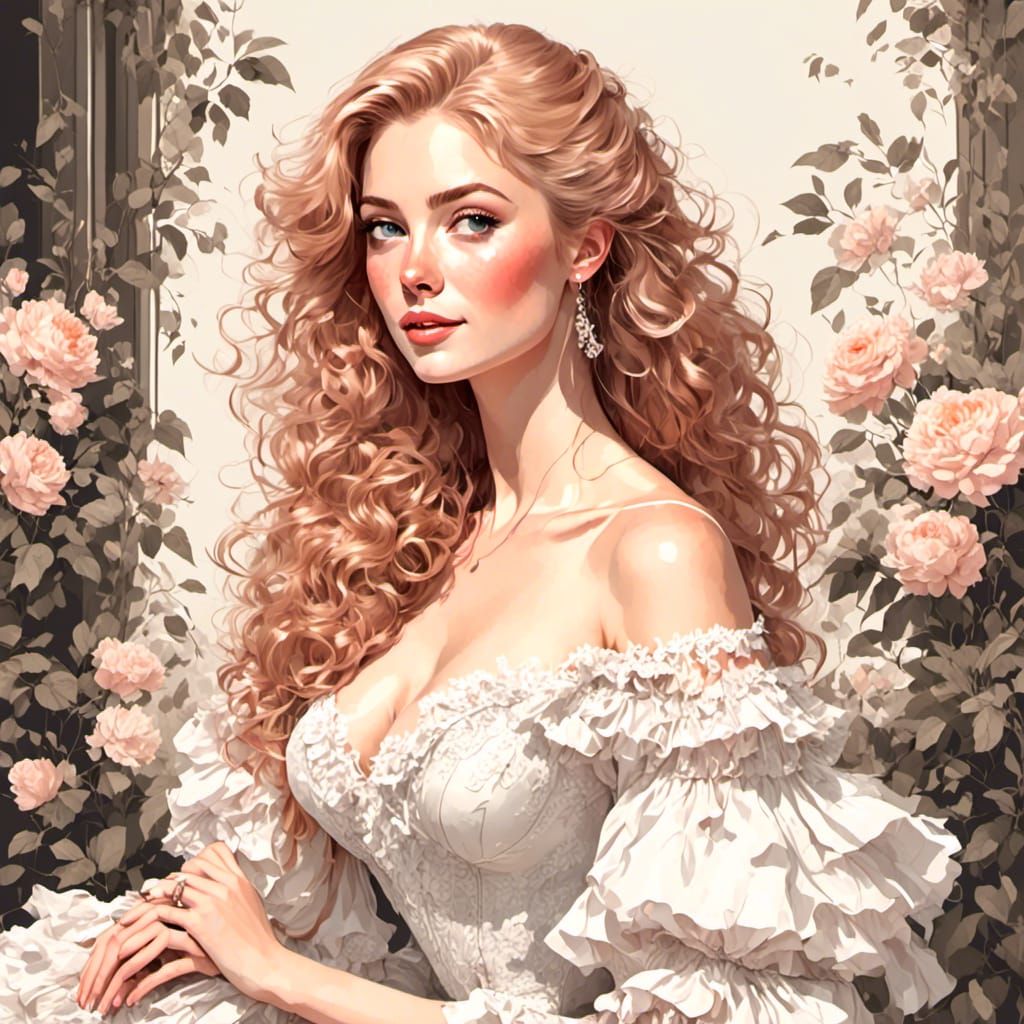 Baroque Woman in White Gown, Gouache Style