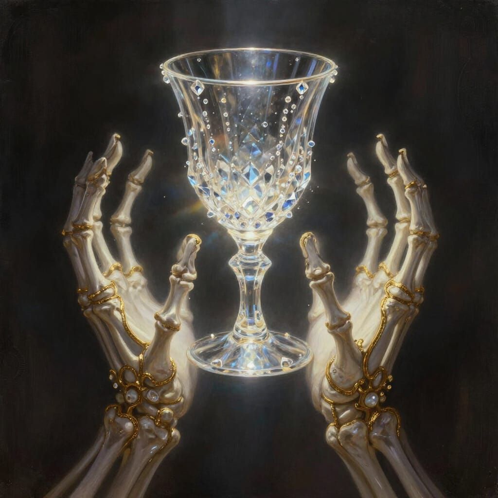 Skeletal Hands Hold Crystal Chalice with Gold Trim