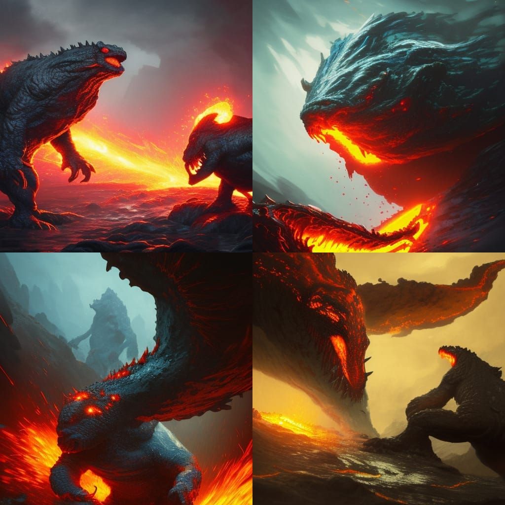 lava monster fighting a water monster a masterpiece, 8k resolution, dark fantasy concept art, by Greg Rutkowski, dynamic...