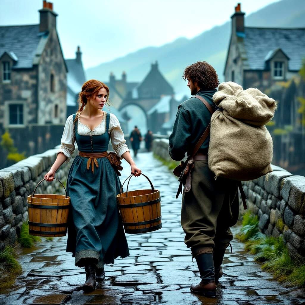 Medieval Scotland Bridge Crossing in Rain