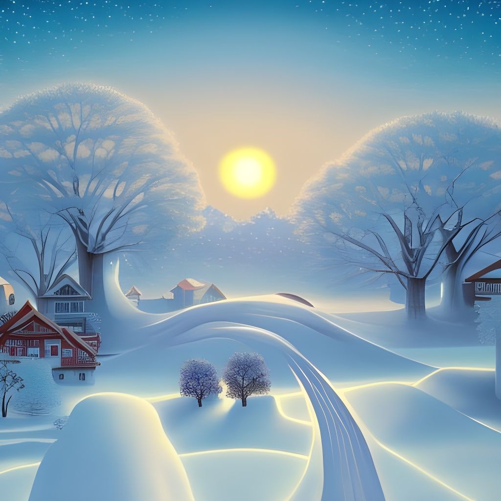Snowy Village Sunset: A Digital Winter Painting