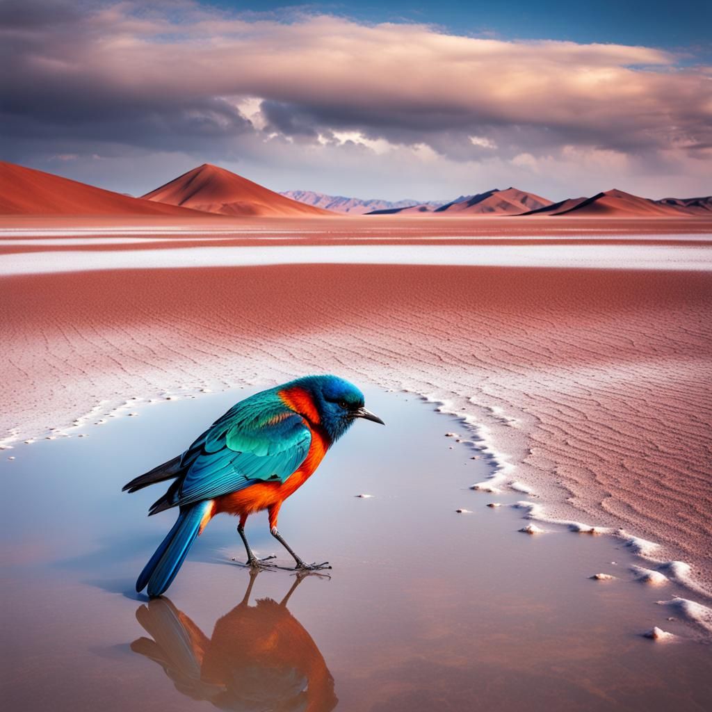 Colorful Bird in Hyperrealistic Salt Desert Landscape
