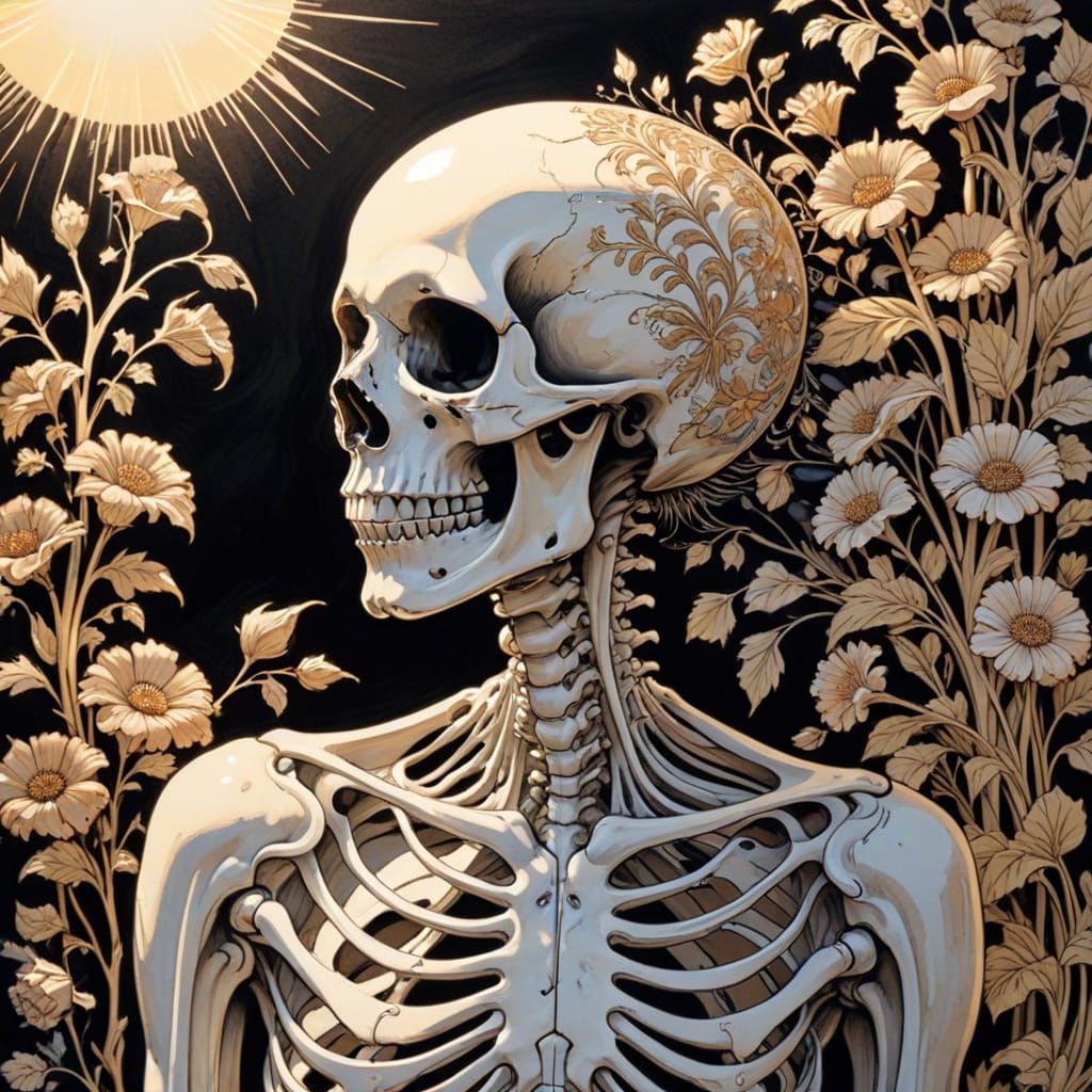 Art Nouveau Skeleton in Sunlight, Ink Artwork
