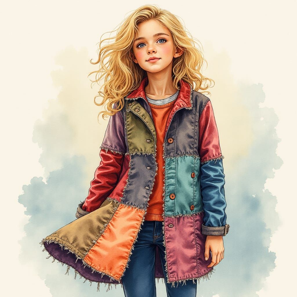 Child in Patchwork Coat, Watercolor Style