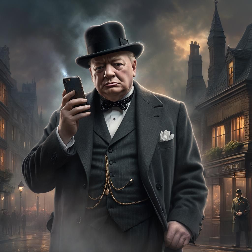 Churchill on Smartphone: Hyperdetailed Ethereal Illustration