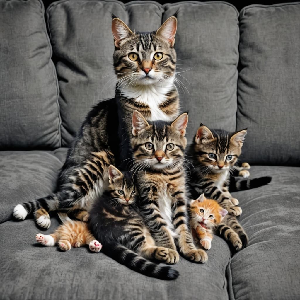 Cat with Newborn Kittens on Grey Sofa
