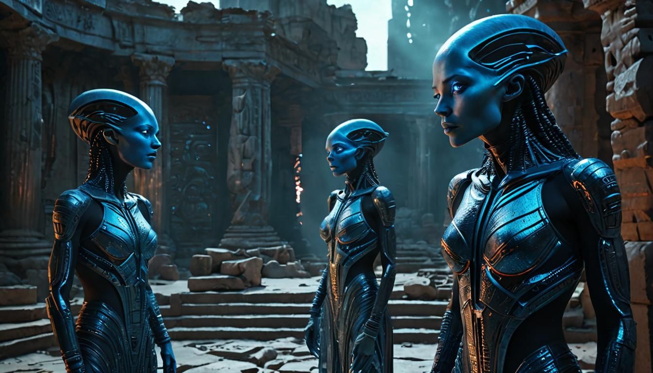 Elegant Alien Women Transmitting Holographic Message as Digi...