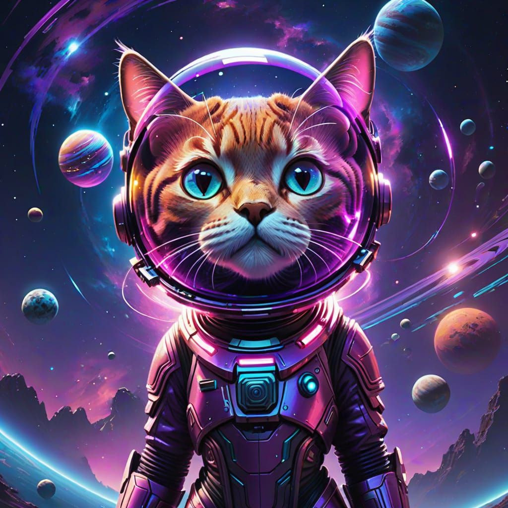 Ethereal Sci-Fi Feline in Iridescent Nebula