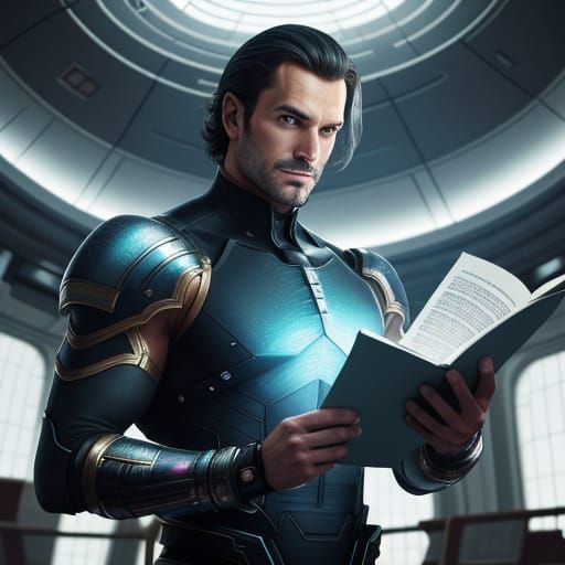 Beefcake Scholar Embarks on Futuristic Knowledge Quest in Co...