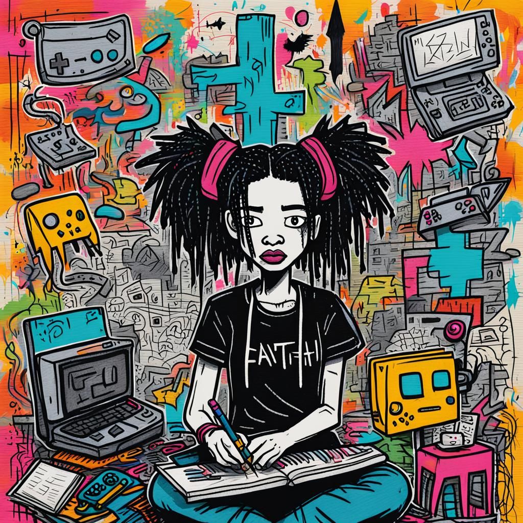 Goth Gamer Girl in Graffiti Kingdom, Basquiat-Inspired