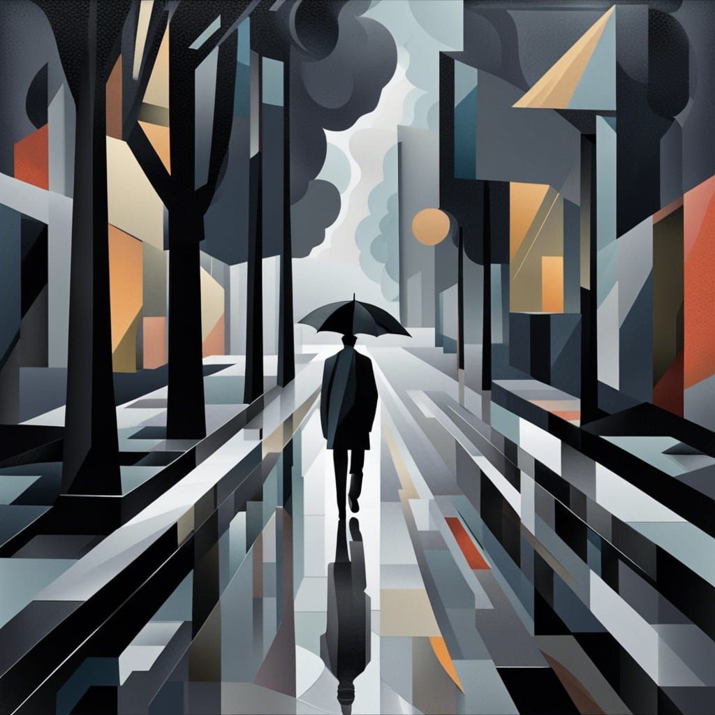 Neo-Cubist Man Walks in Rainy Street