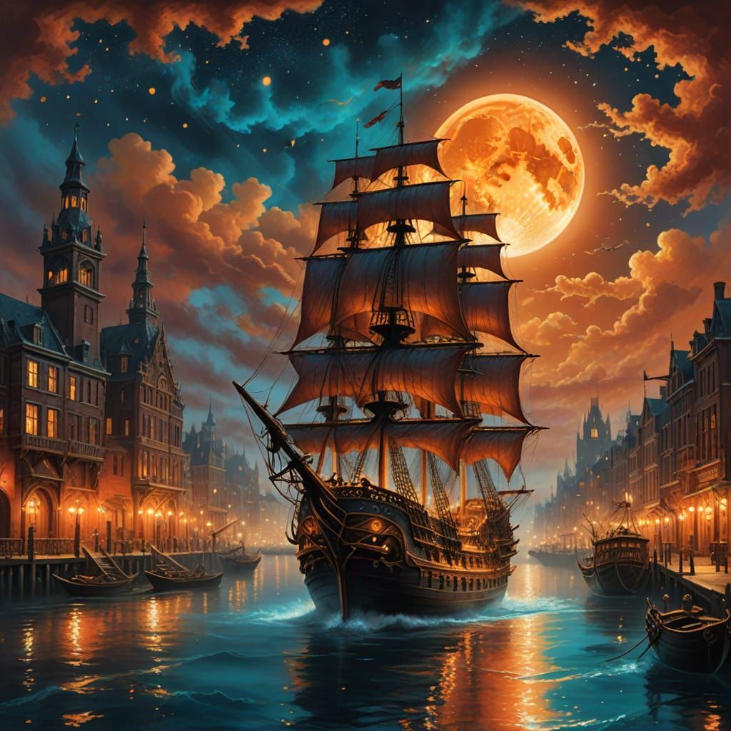 Majestic Pirate Ship Under Radiant Orange Moon
