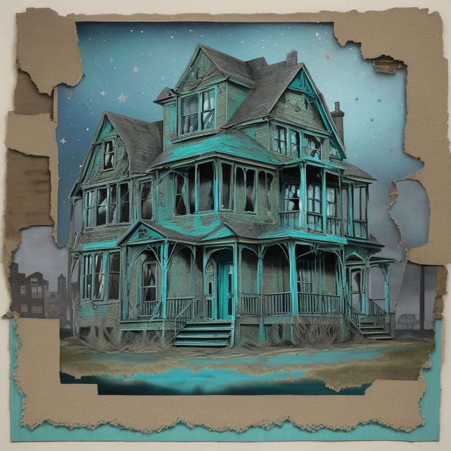 Haunted House Scrapbook Collage with Celestial Accents