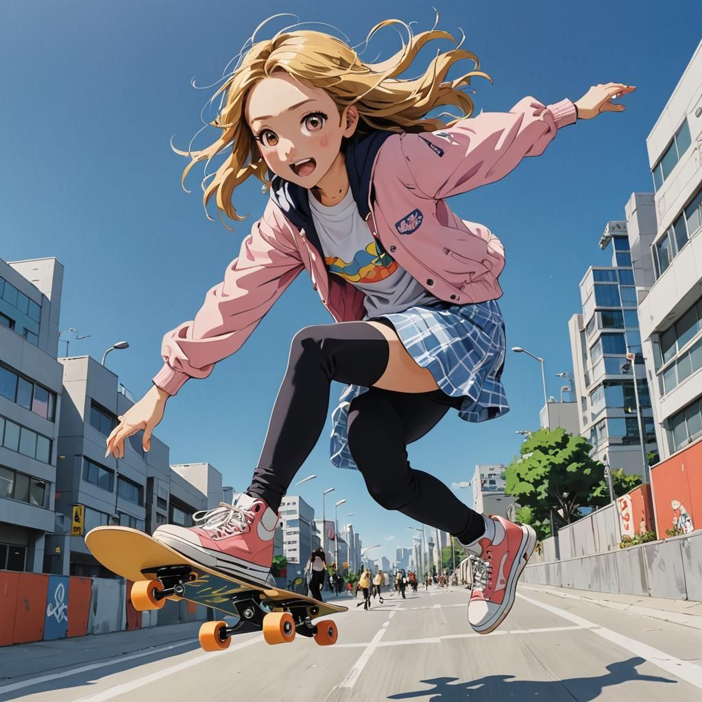 Anime Girl on Skateboard in Cel Art Style