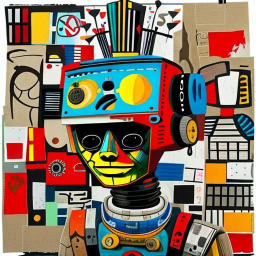 Abstract Scrap Robot Portrait in Mixed Media Collage