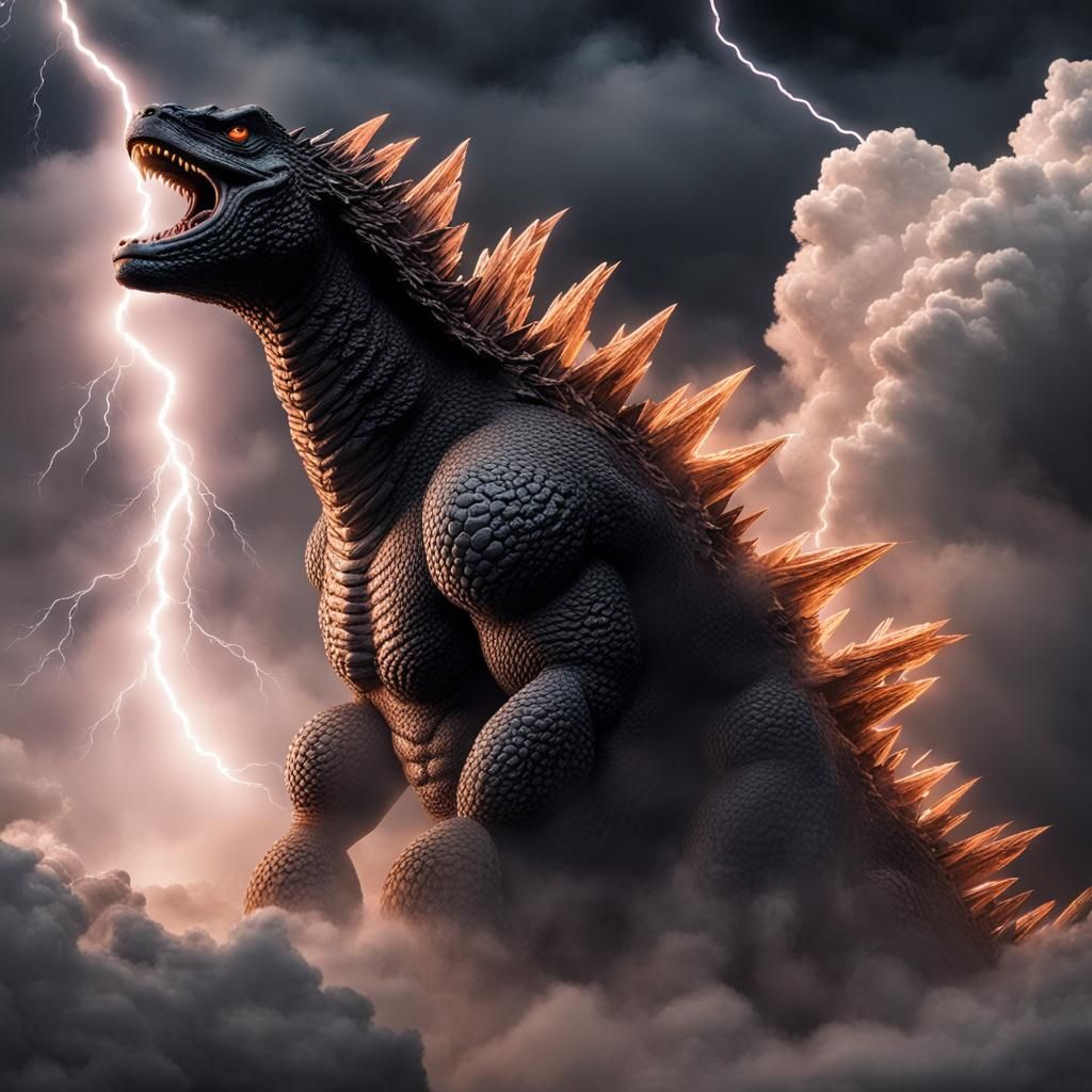 Godzilla Behind Lightning-Struck Clouds