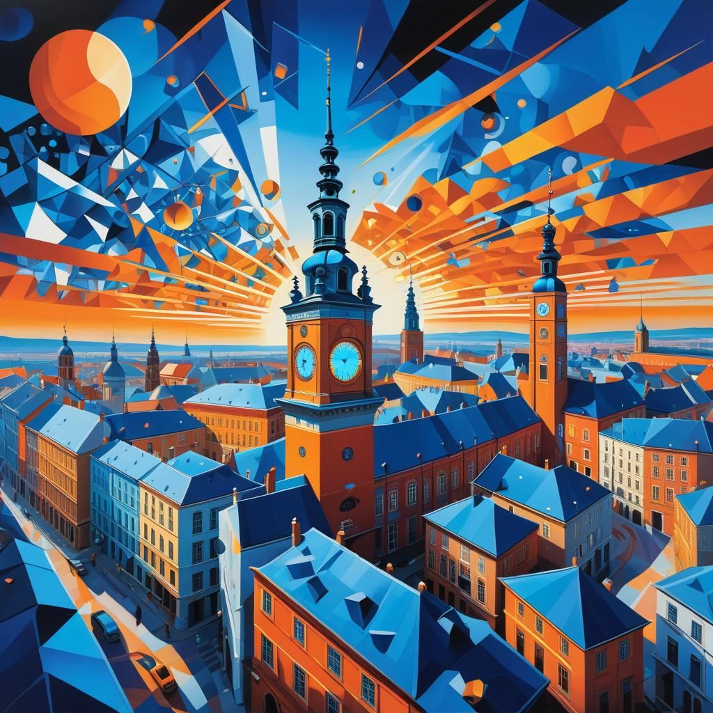 City Clock Tower Painting with Polygonal Fragments