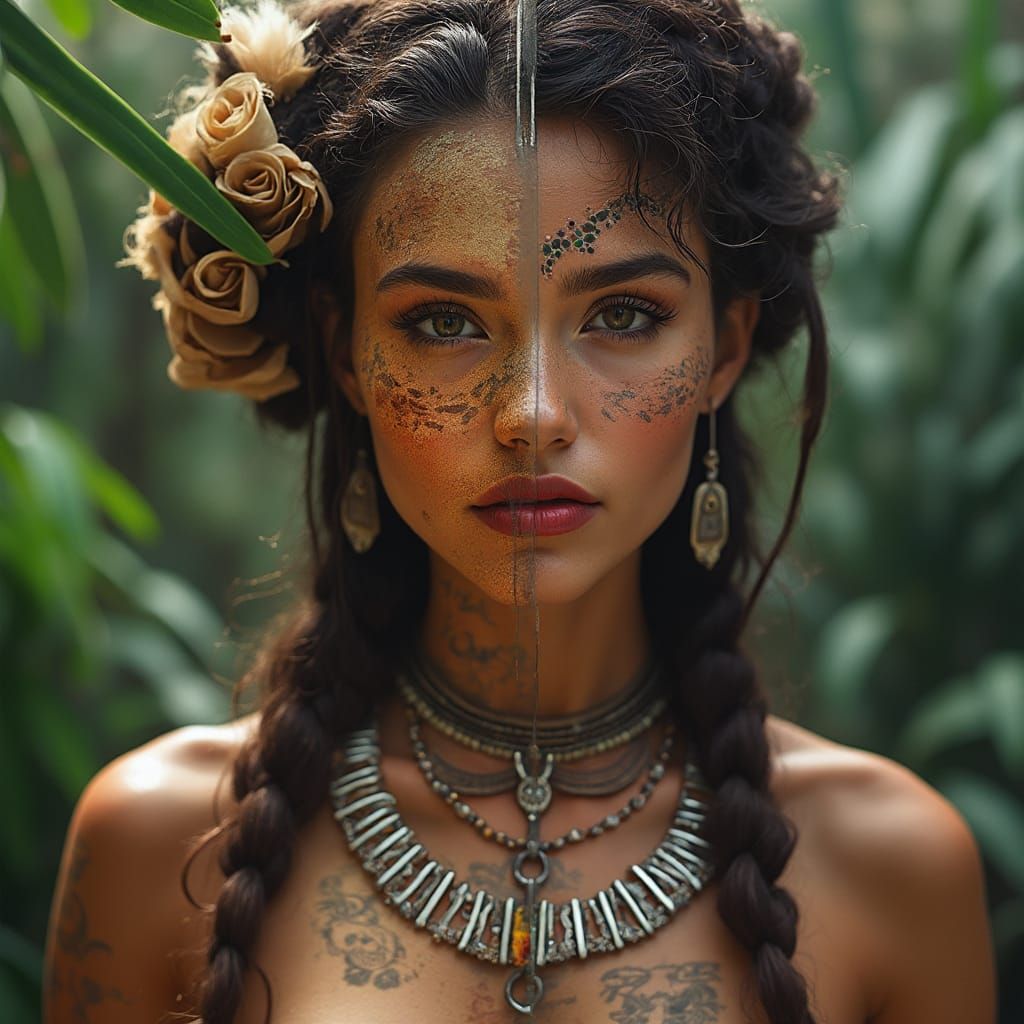 Photorealistic Split Portrait: Tribal Meets City
