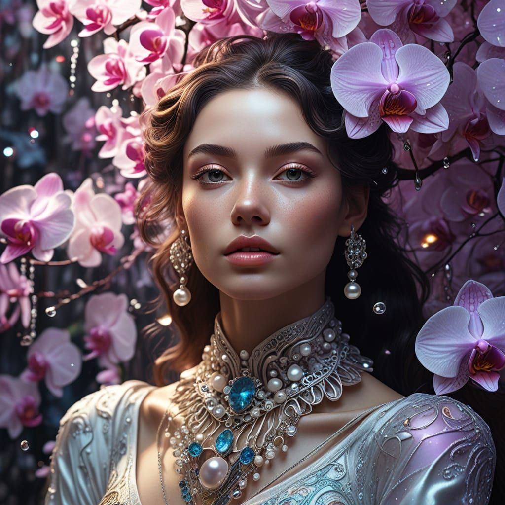 Enchanting Girl Surrounded by Whispers of Orchids in Soft Fo...