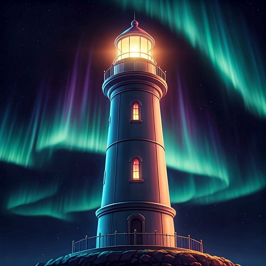 Lighthouse Emitting Neon Lights Under Aurora Borealis