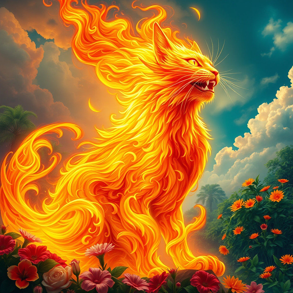 Majestic Fire Cat Radiates Intense Heat in Lush Green Forest