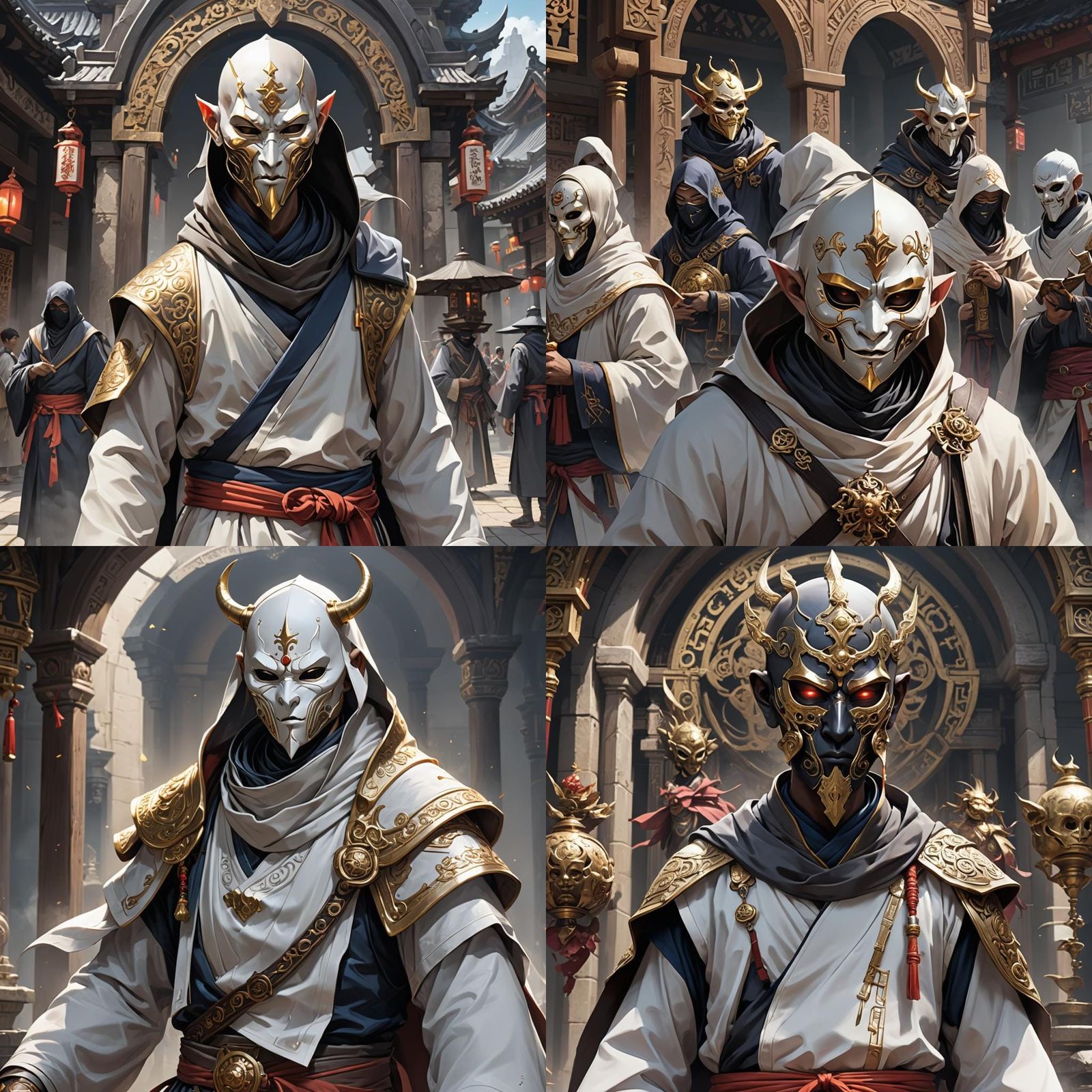 Masked Monk with Oni Mask in Temple: 3D Anime Art