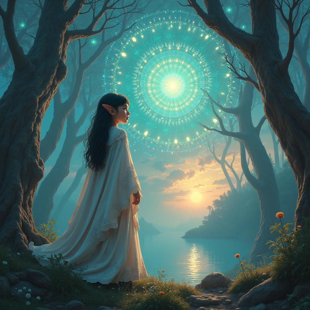 Elfin Girl Gazing at Celestial Orbs in Fantasy Landscape