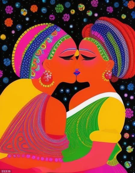Party Girls Kissing in Whimsical Ethnic Style