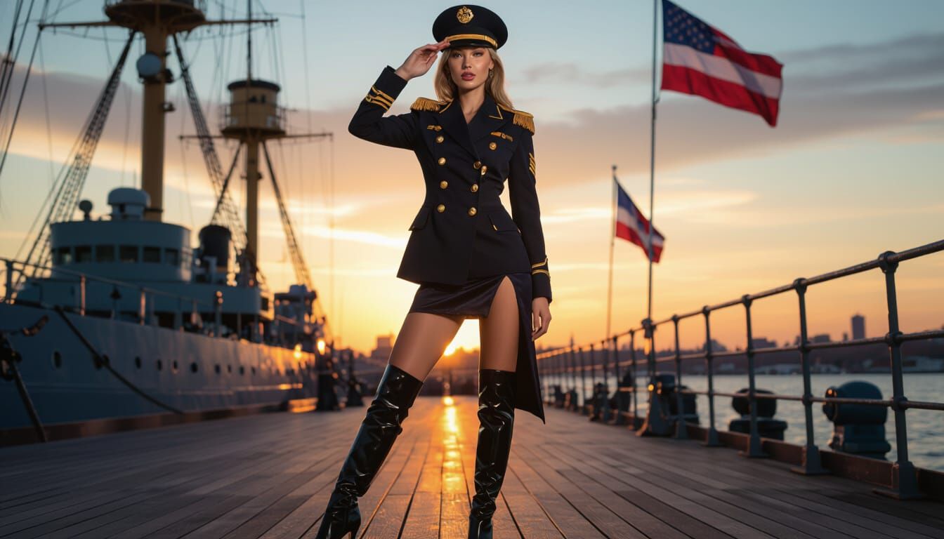 Glamorous Woman on Ship Deck at Dusk