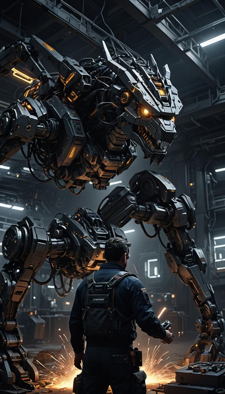 Sci-Fi Mechanic Repairs Mechanical Beast in Hangar