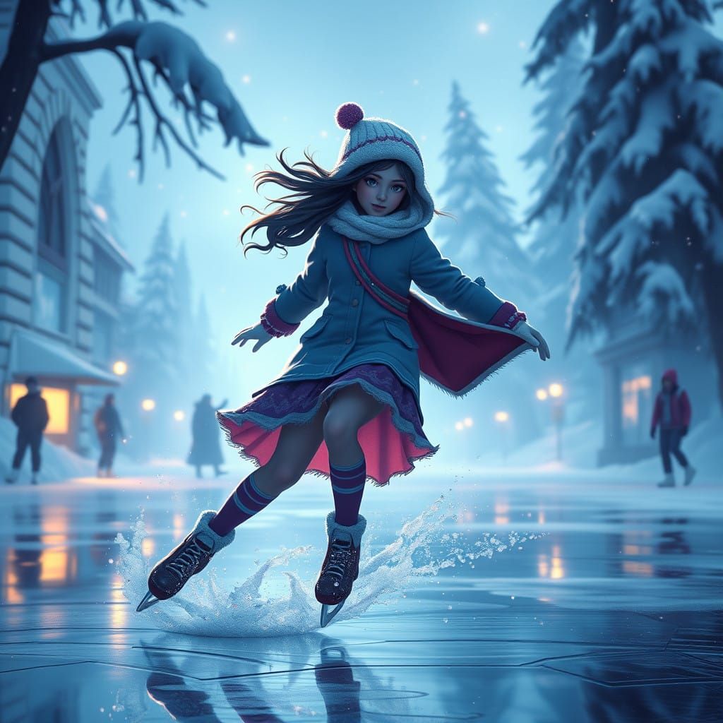 Girl Ice Skating in a Fantastical Winter Wonderland