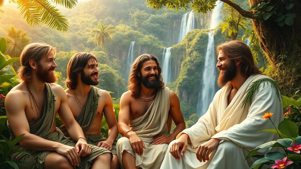 Jesus in Paradise with Adam and Eve in Impressionist Style