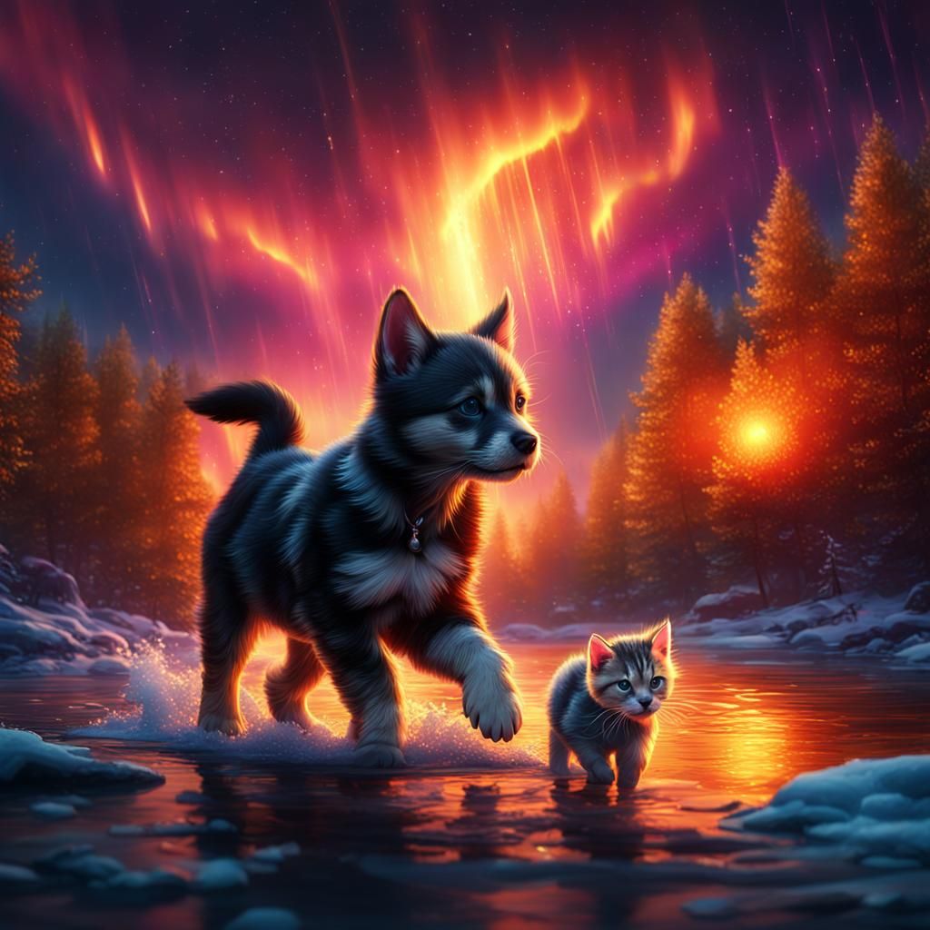 Puppy and Kitten River Walk: Fantasy Concept Art