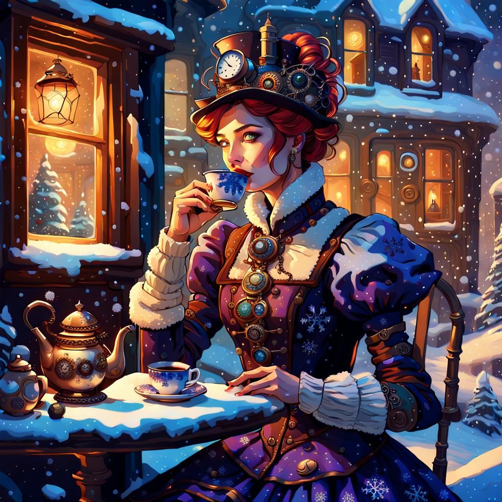 Steampunk Woman in Winter Wonderland Dress