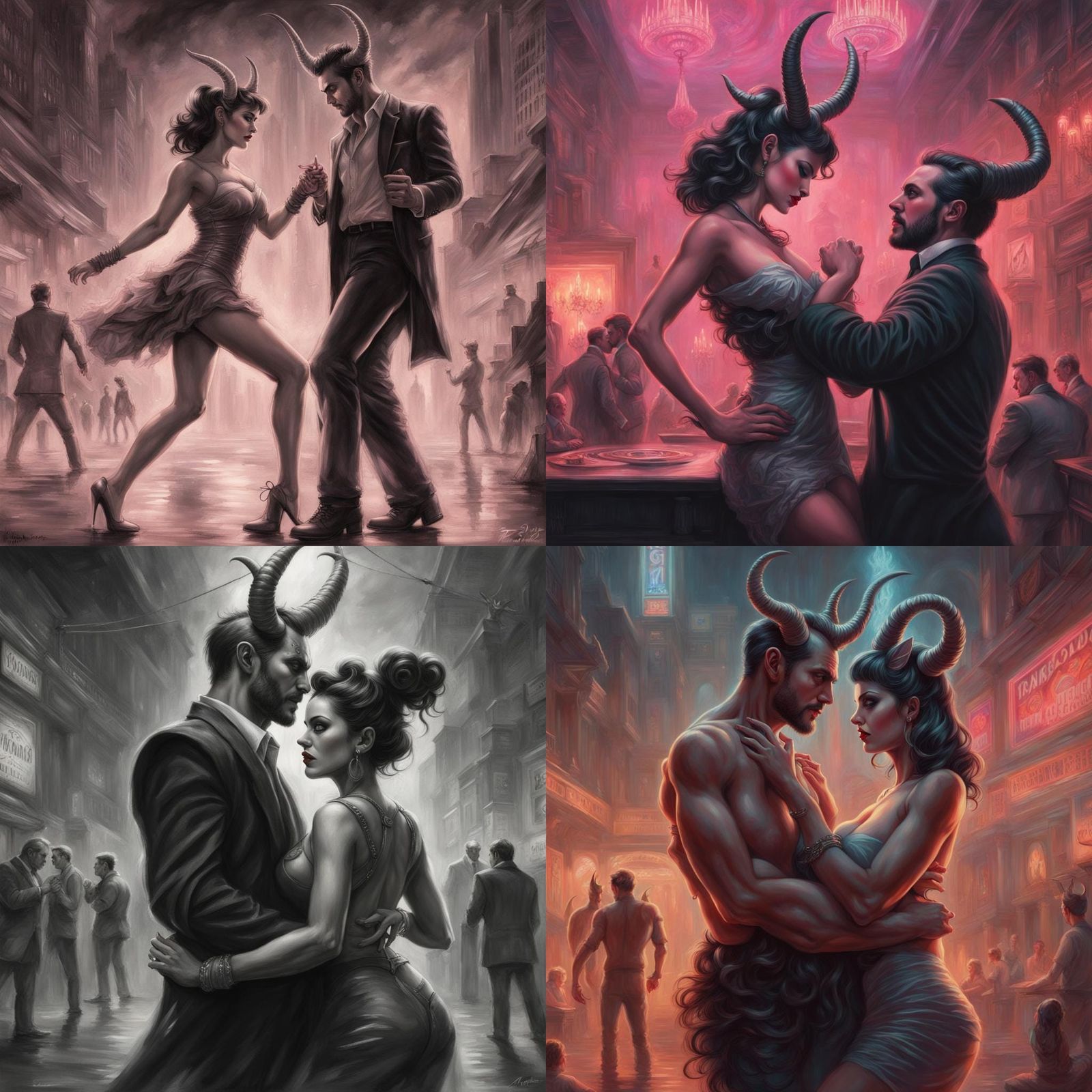 Cyberpunk Woman Dances with Devil in Neon Mist